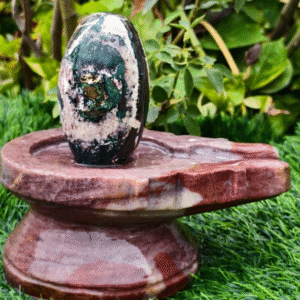 Nilkanth Narmadeshwar Shivling – Rare Green Patch Shivling with Stone Jaldhari Base