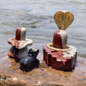 Natural Narmadeshwar Shivling Set with Brass Snake Hood & Nandi – River Stone Puja Collection