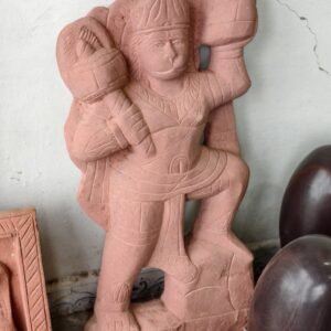Hand-Carved Red Sandstone Lord Hanuman Idol with Mountain