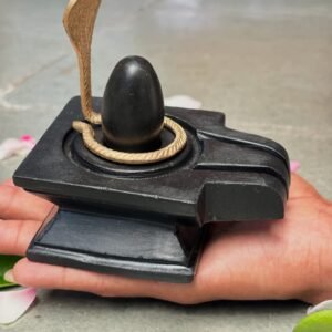 Black Narmadeshwar Shivling with Brass Snake Hood – Natural Narmada River Stone Shivling for Home Temple and Puja